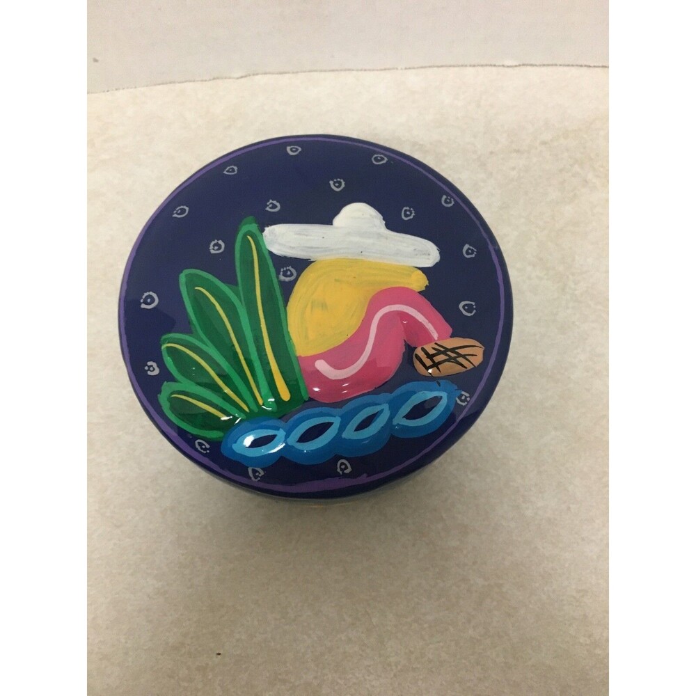 Sleeping Mexican Folk Art Round Ceramic Pottery Trinket Jewelry Box Sombrero